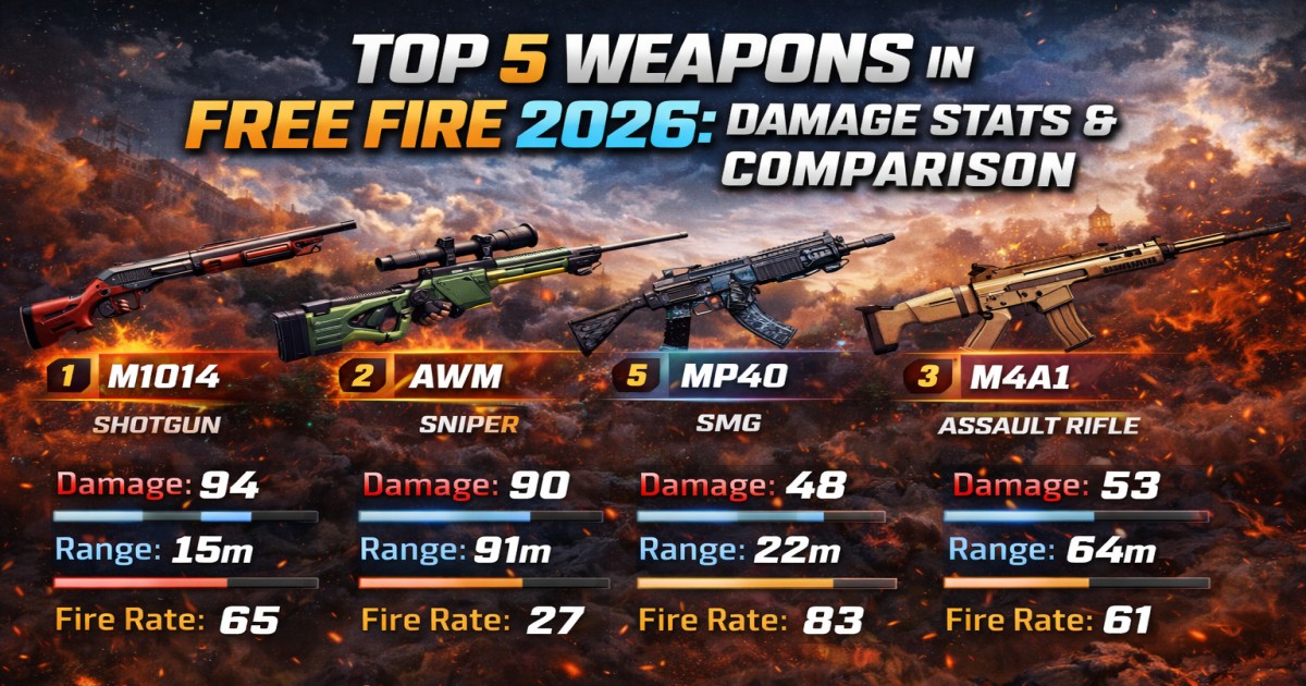 Top 5 Weapons in Free Fire 2026: Damage Stats & Comparison